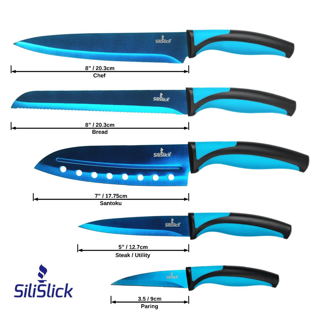 SiliSlick Stainless Steel Knife Set Blue Handle Titanium Coated Kitchen Utility Image 2