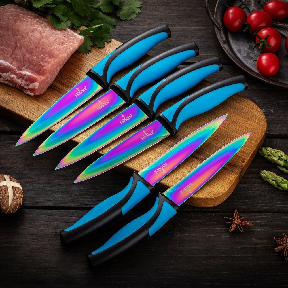 SiliSlick Stainless Steel Steak Knife Set of 6 - Rainbow Iridescent Blue Handle - Titanium Coated with Straight Edge for Image 2