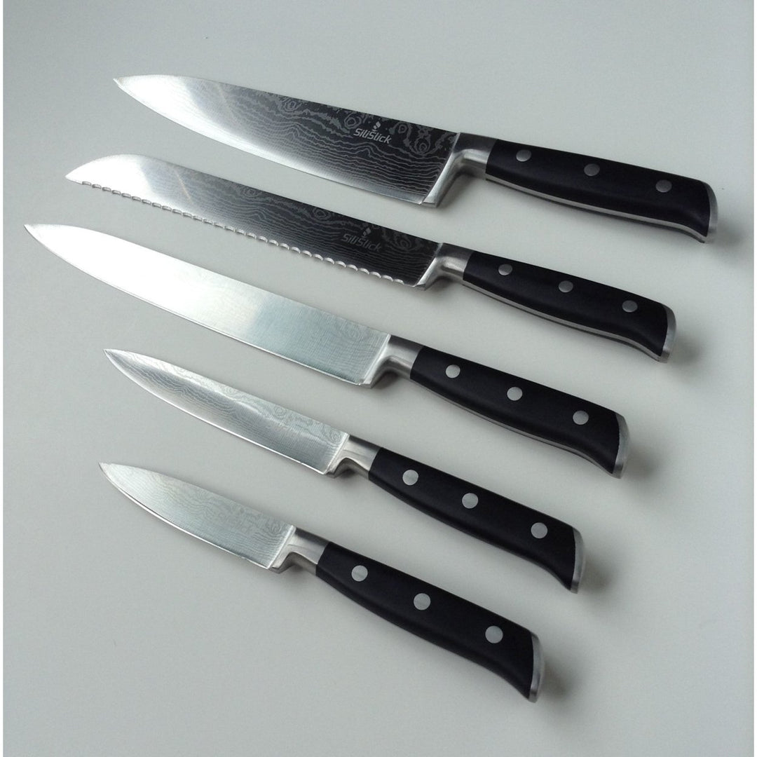 Damascus Etched Full Tang 5 Piece Knife Set Image 3