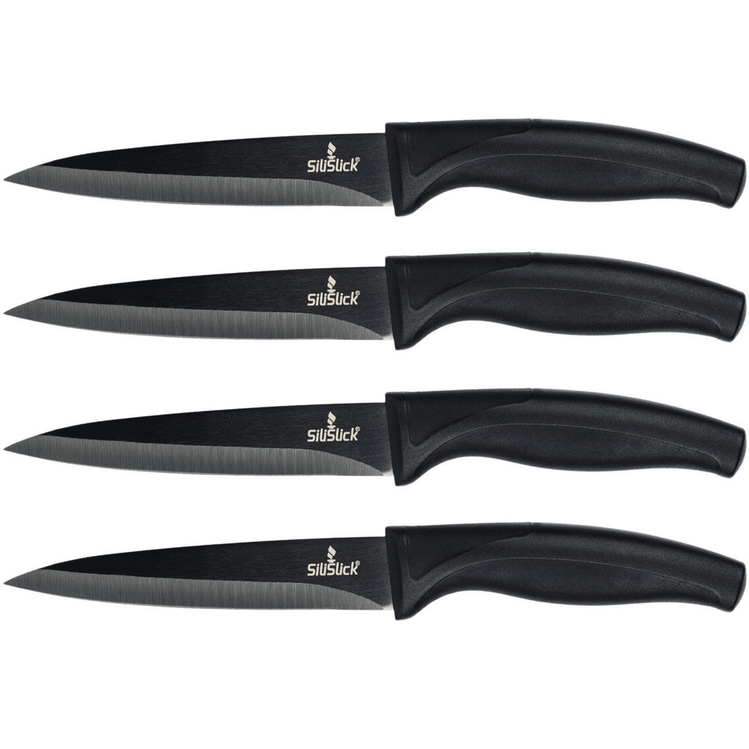 SiliSlick Stainless Steel Steak Knife Black Handle and Blade Set of 4 - Titanium Coated Kitchen Straight Edge for Image 1
