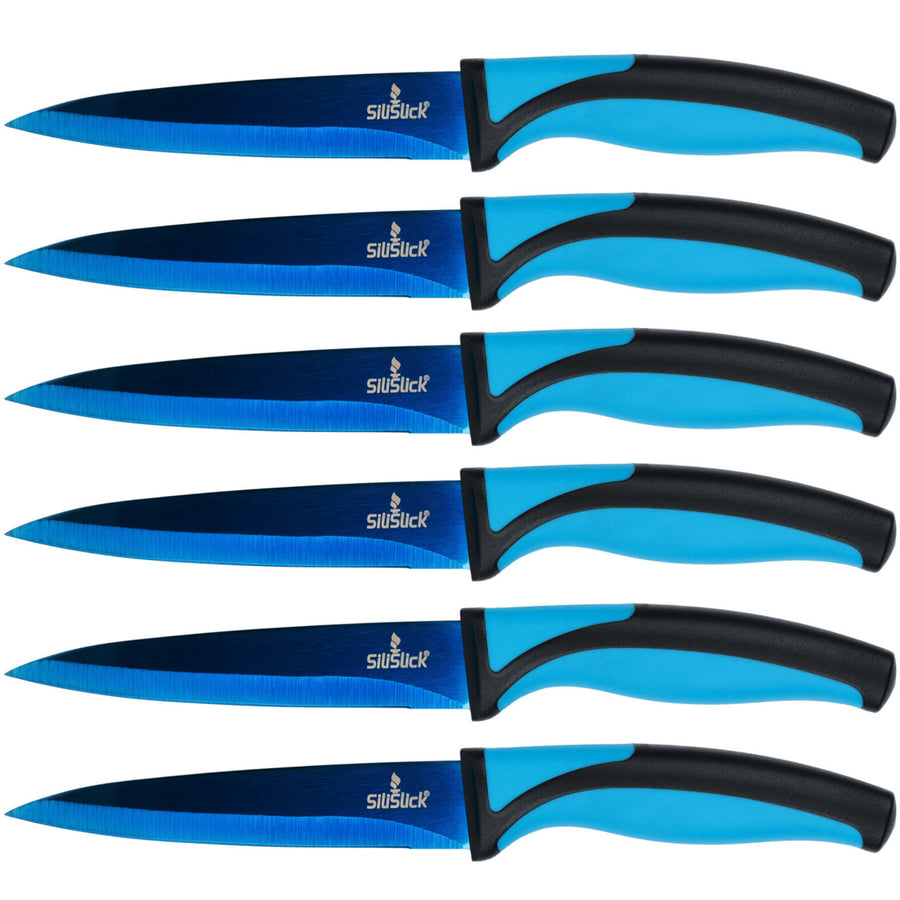 SiliSlick Stainless Steel Steak Knife Set of 6 -Blue Handle and Blue Blade - Titanium Coated with Straight Edge for Image 1