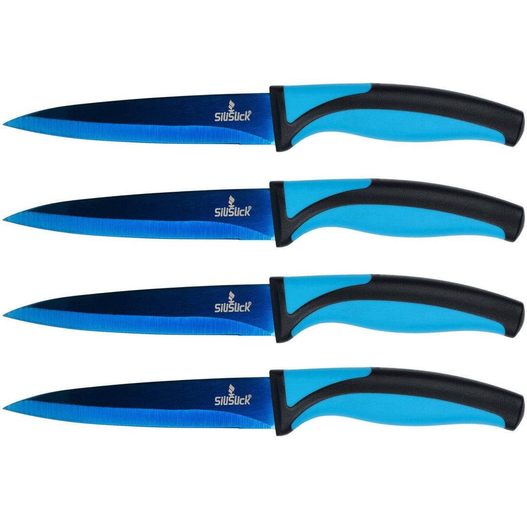 SiliSlick Stainless Steel Steak Knife Blue Handle and Blade Set of 4 - Titanium Coated Kitchen Straight Edge for Cutting Image 1