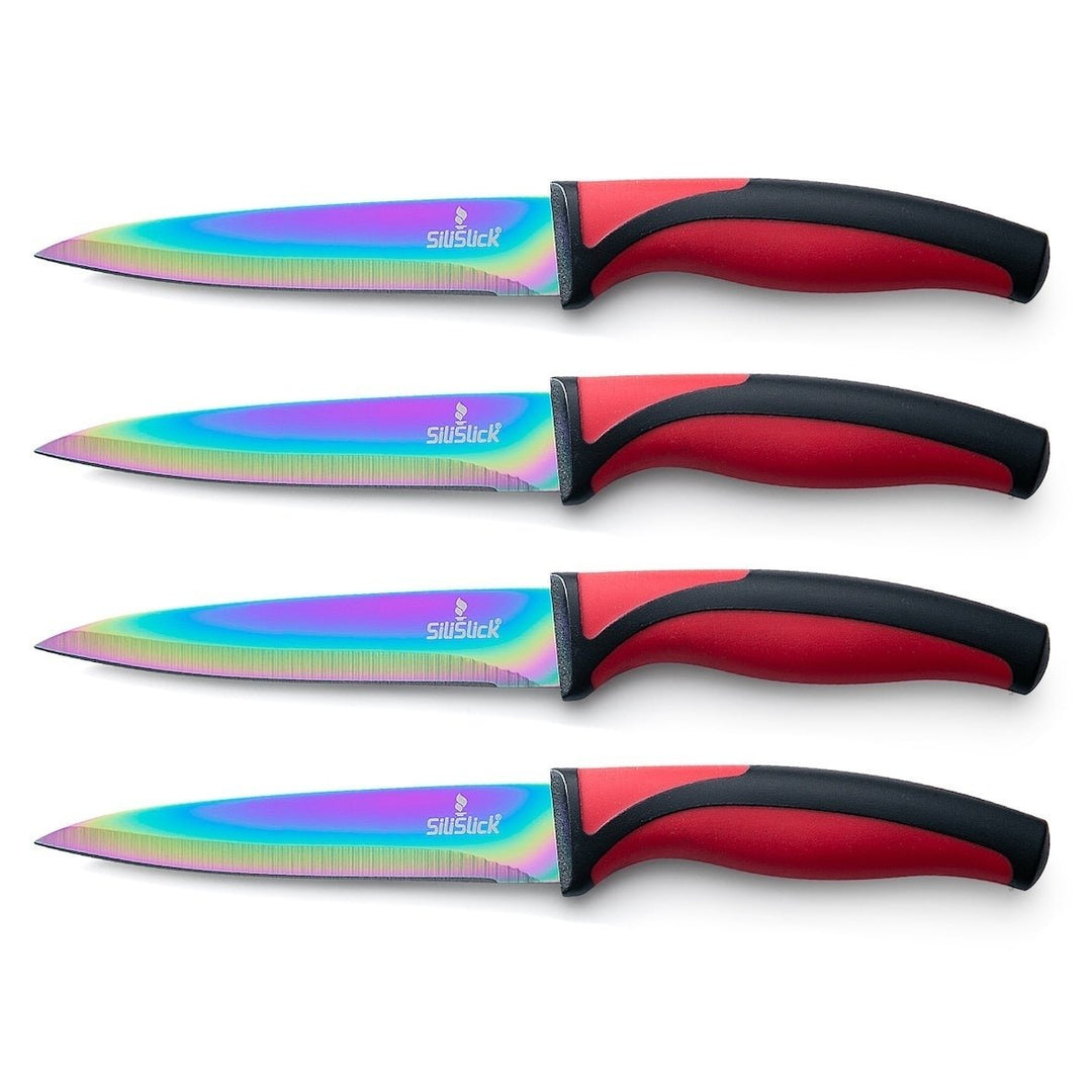 SiliSlick Stainless Steel Steak Knife Red Handle Set of 4 - Titanium Coated  Rainbow Iridescent Kitchen Straight Edge Image 1