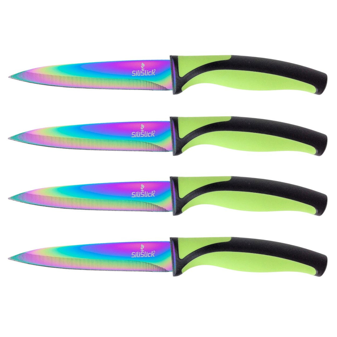 SiliSlick Stainless Steel Steak Knife Green Handle Set of 4 - Titanium Coated  Rainbow Iridescent Kitchen Straight Edge Image 1