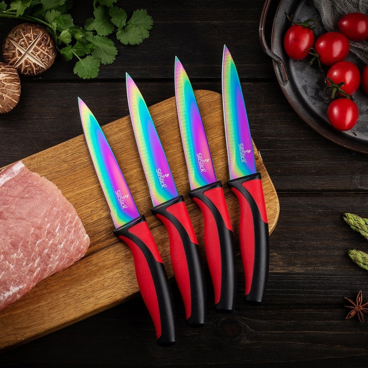 SiliSlick Stainless Steel Steak Knife Red Handle Set of 4 - Titanium Coated  Rainbow Iridescent Kitchen Straight Edge Image 2