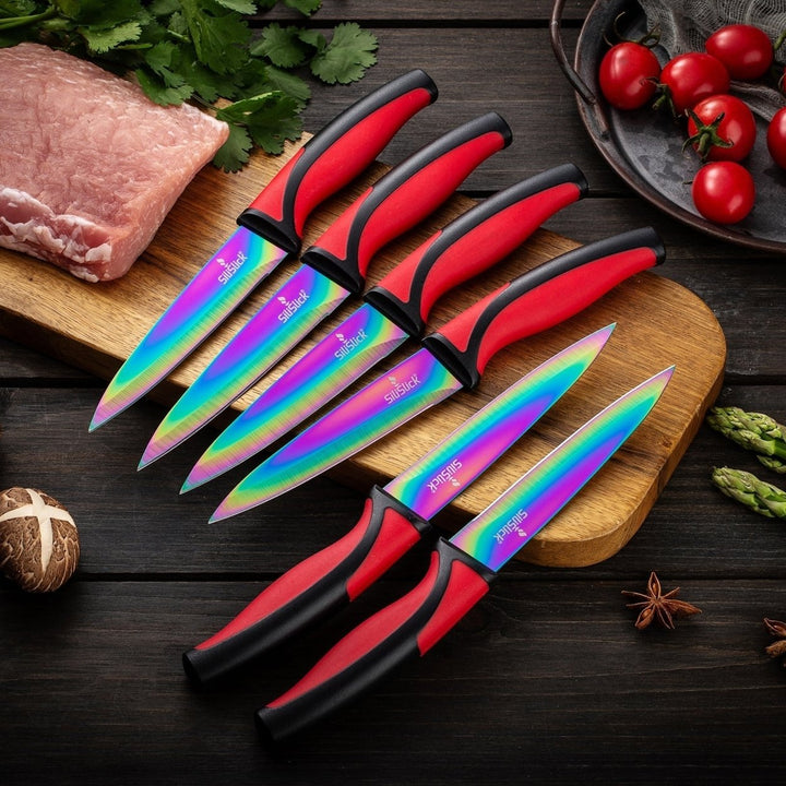 SiliSlick Stainless Steel Steak Knife Set of 6 - Rainbow Iridescent Red Handle - Titanium Coated with Straight Edge for Image 2