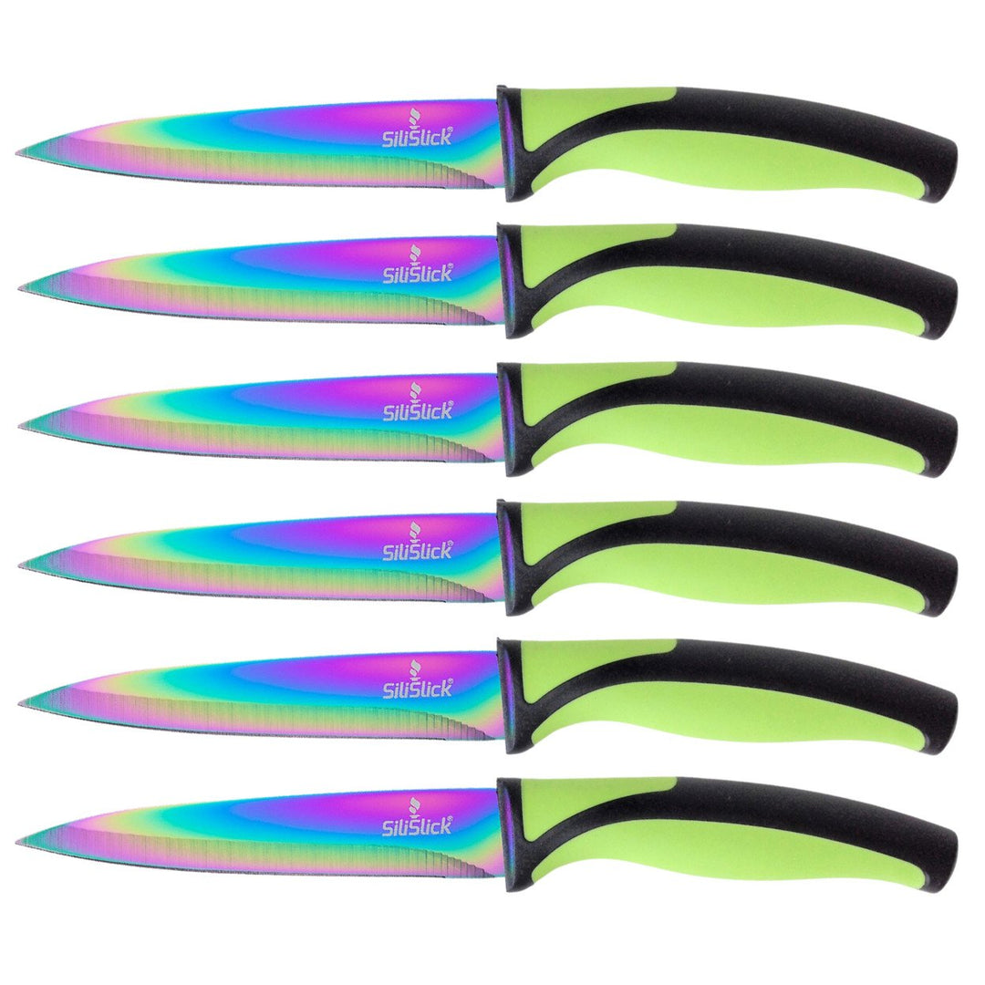 SiliSlick Stainless Steel Steak Knife Set Titanium Coated Iridescent Green 6 Pcs Image 1