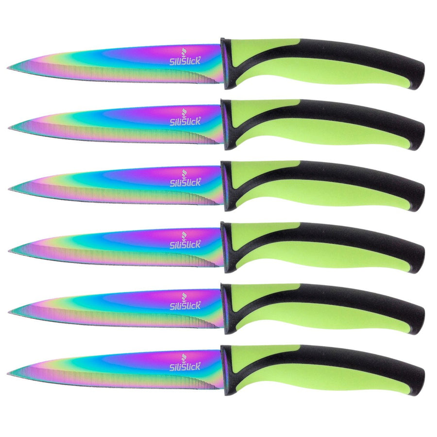 SiliSlick Stainless Steel Steak Knife Set Titanium Coated Iridescent Green 6 Pcs Image 1