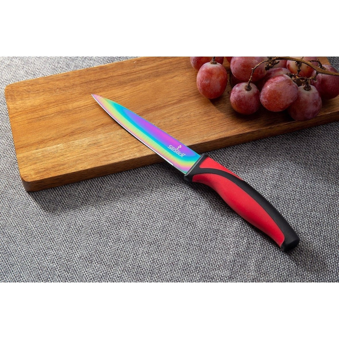 SiliSlick Stainless Steel Steak Knife Set of 6 - Rainbow Iridescent Red Handle - Titanium Coated with Straight Edge for Image 3