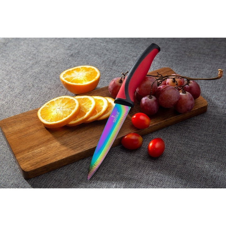 SiliSlick Stainless Steel Steak Knife Red Handle Set of 4 - Titanium Coated  Rainbow Iridescent Kitchen Straight Edge Image 8