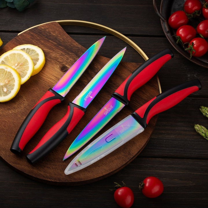 SiliSlick Stainless Steel Steak Knife Red Handle Set of 4 - Titanium Coated  Rainbow Iridescent Kitchen Straight Edge Image 9