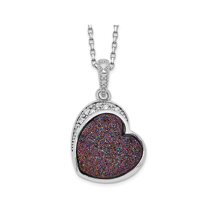 Pink Druzy Quartz Heart Pendant Necklace in Sterling Silver with Chain and Accent Diamonds Image 1