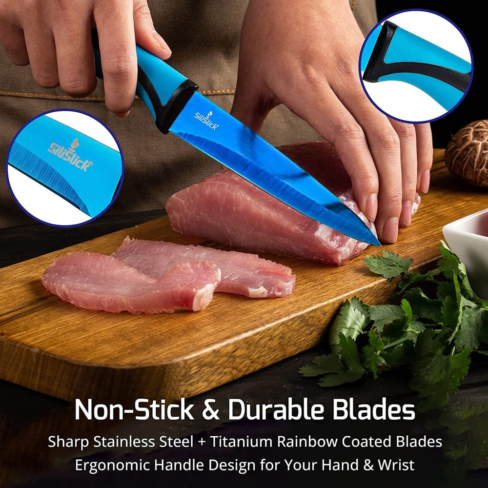 SiliSlick Stainless Steel Steak Knife Blue Handle and Blade Set of 4 - Titanium Coated Kitchen Straight Edge for Cutting Image 2