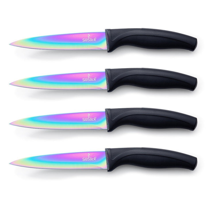 SiliSlick Stainless Steel Steak Knife Black Handle Set of 4 - Titanium Coated  Rainbow Iridescent Kitchen Straight Edge Image 1