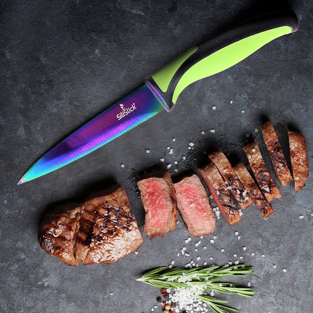 SiliSlick Stainless Steel Steak Knife Green Handle Set of 4 - Titanium Coated  Rainbow Iridescent Kitchen Straight Edge Image 2