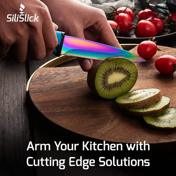 SiliSlick Stainless Steel Steak Knife Green Handle Set of 4 - Titanium Coated  Rainbow Iridescent Kitchen Straight Edge Image 3