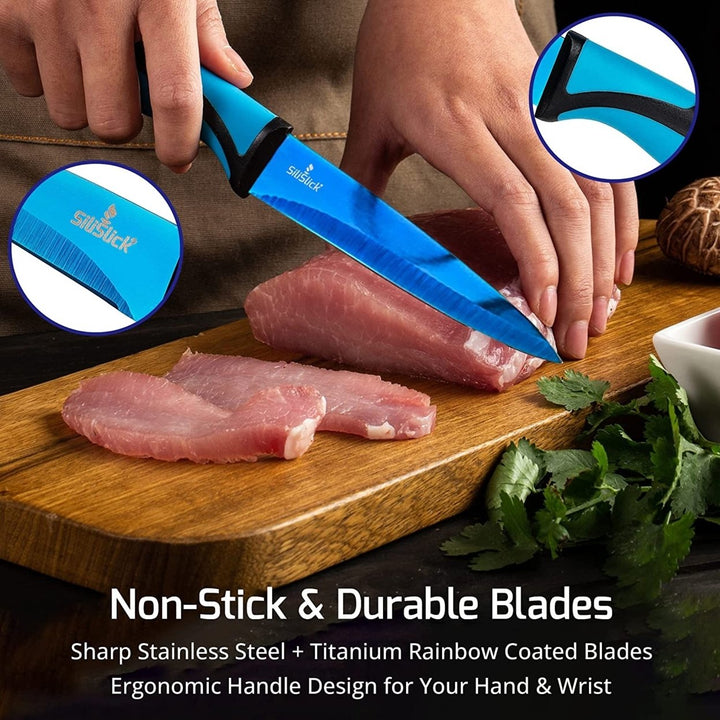 SiliSlick Stainless Steel Steak Knife Green Handle Set of 4 - Titanium Coated  Rainbow Iridescent Kitchen Straight Edge Image 4