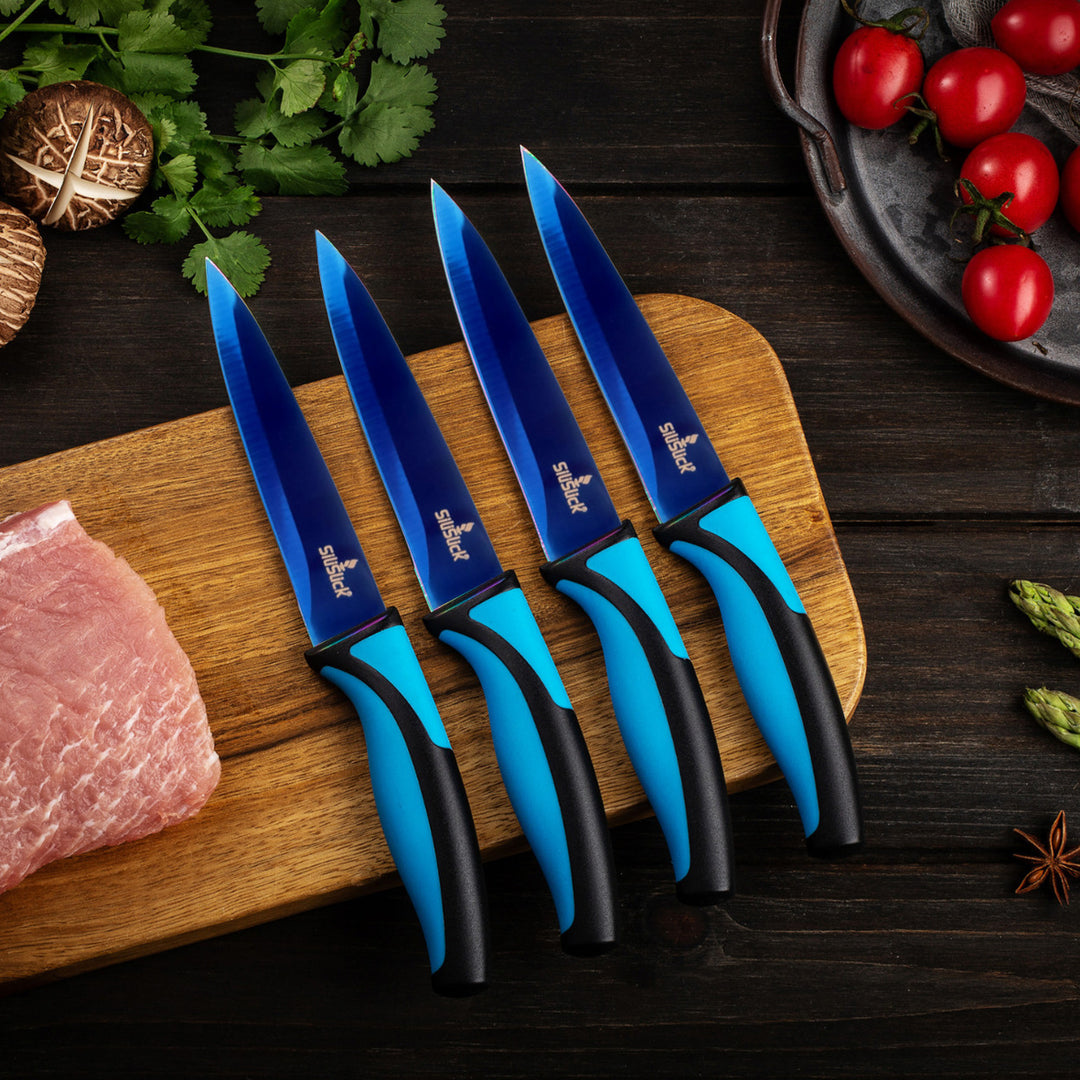 SiliSlick Stainless Steel Steak Knife Blue Handle and Blade Set of 4 - Titanium Coated Kitchen Straight Edge for Cutting Image 4