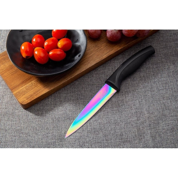 SiliSlick Stainless Steel Steak Knife Black Handle Set of 4 - Titanium Coated  Rainbow Iridescent Kitchen Straight Edge Image 3