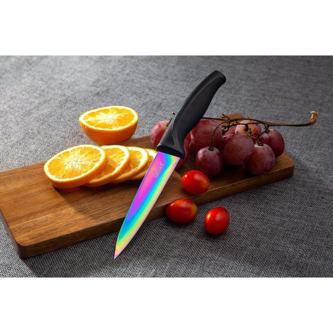 SiliSlick Stainless Steel Steak Knife Black Handle Set of 4 - Titanium Coated  Rainbow Iridescent Kitchen Straight Edge Image 4