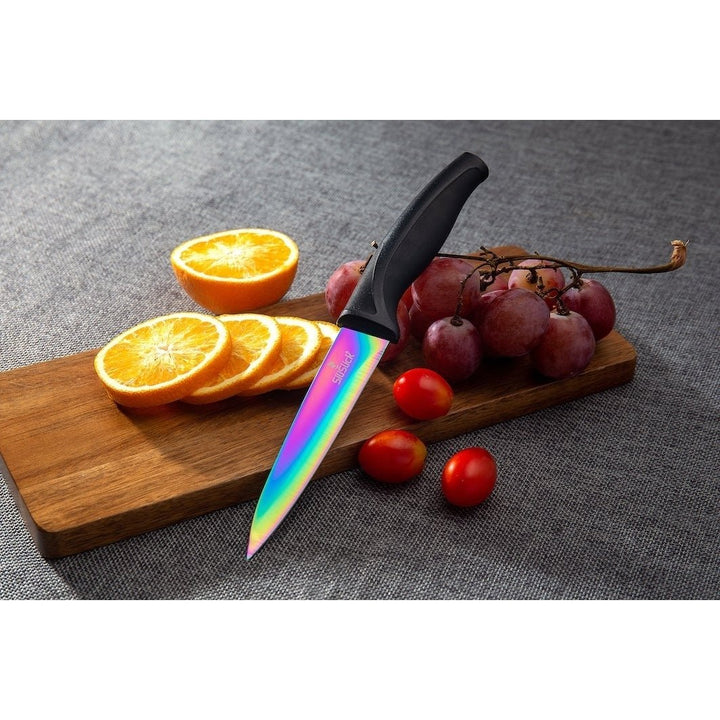 SiliSlick Stainless Steel Steak Knife Black Handle Set of 4 - Titanium Coated  Rainbow Iridescent Kitchen Straight Edge Image 4