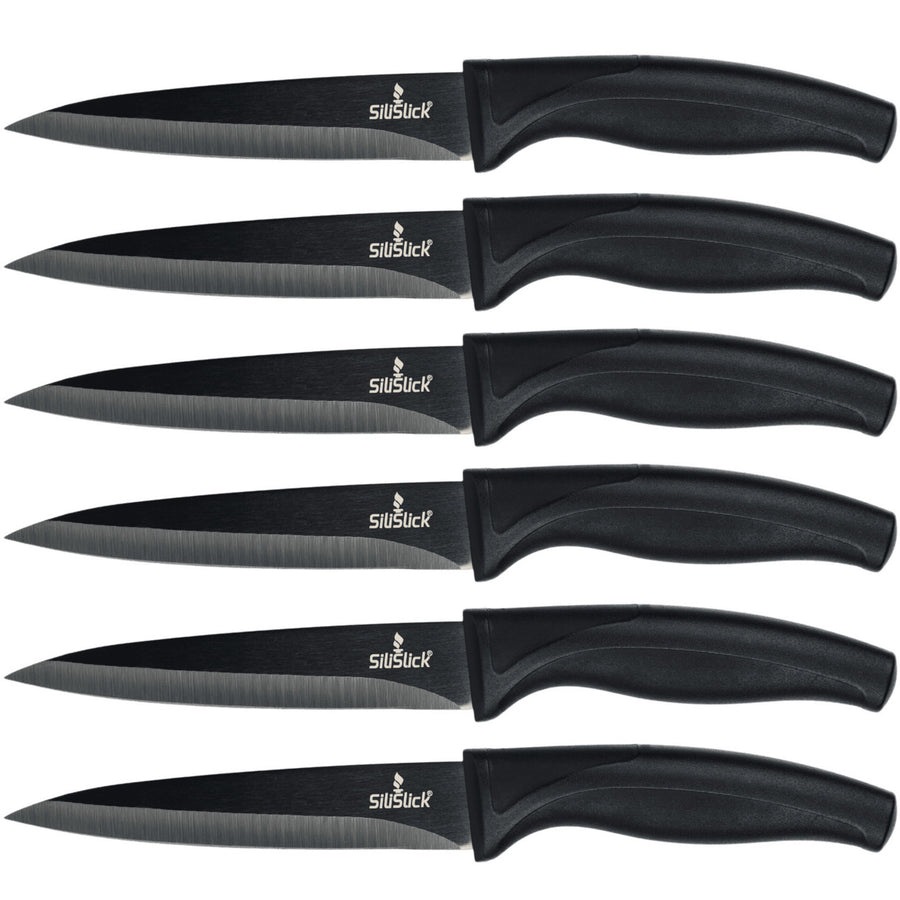 SiliSlick Stainless Steel Steak Knife Set of 6 -Black Handle and Black Blade - Titanium Coated with Straight Edge for Image 1