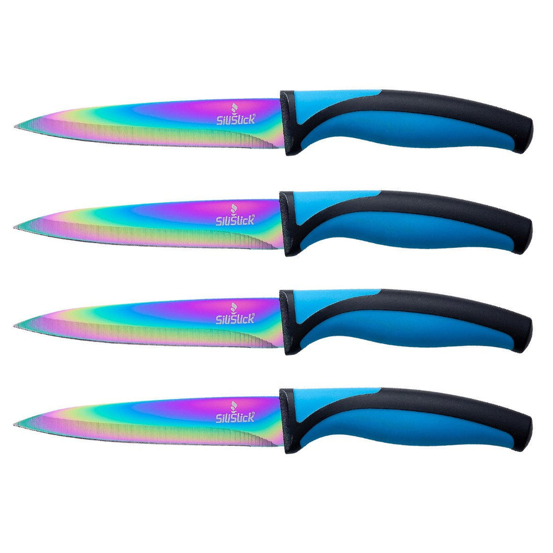 SiliSlick Stainless Steel Steak Knife Blue Handle Set of 4 - Titanium Coated  Rainbow Iridescent Kitchen Straight Edge Image 1