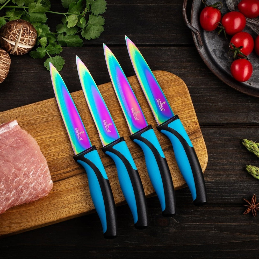 SiliSlick Stainless Steel Steak Knife Blue Handle Set of 4 - Titanium Coated  Rainbow Iridescent Kitchen Straight Edge Image 2
