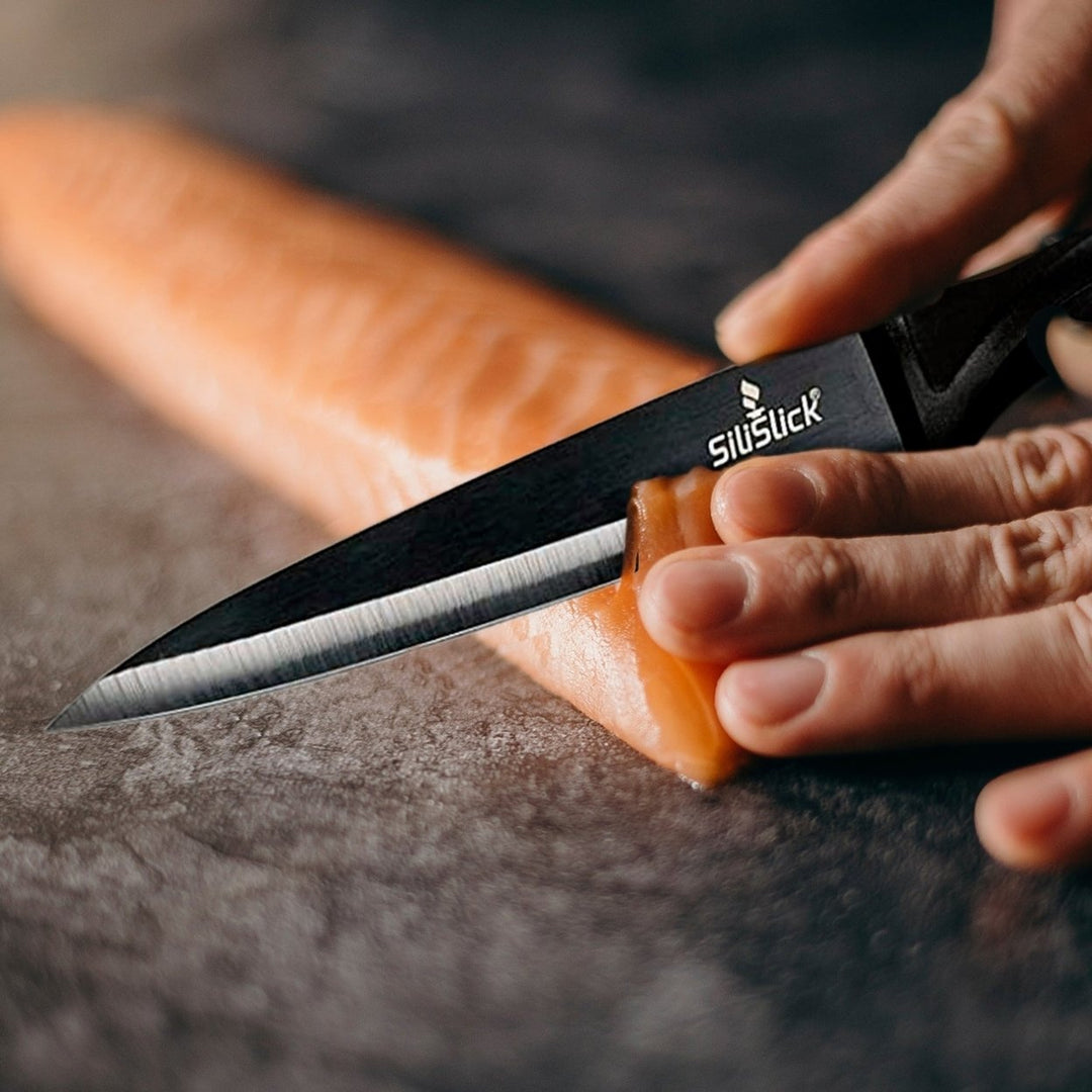 SiliSlick Stainless Steel Steak Knife Black Handle and Blade Set of 4 - Titanium Coated Kitchen Straight Edge for Image 2