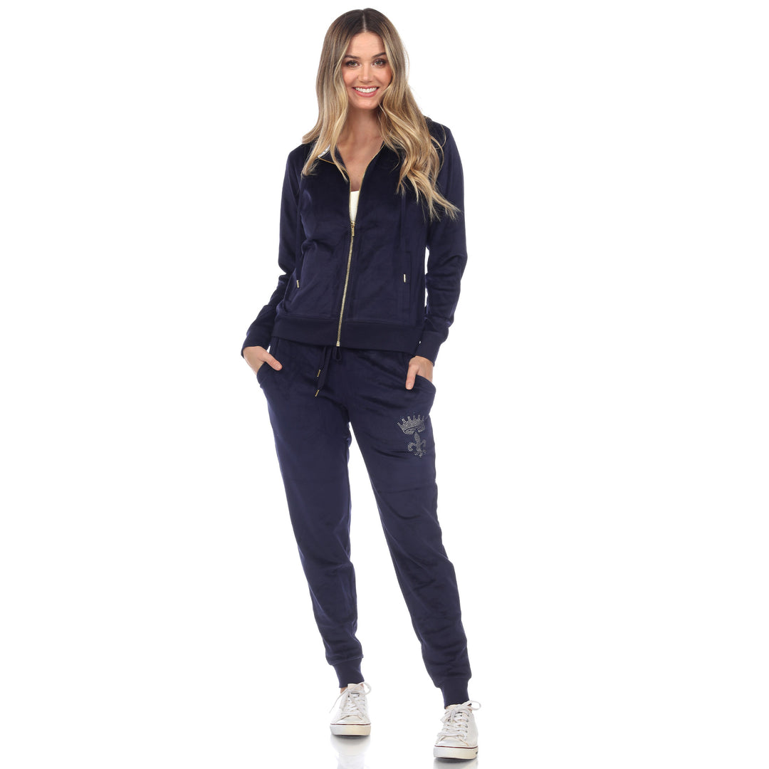 White Mark Womens 2 Piece Velour Rhinestone Detail Tracksuit Set Image 3