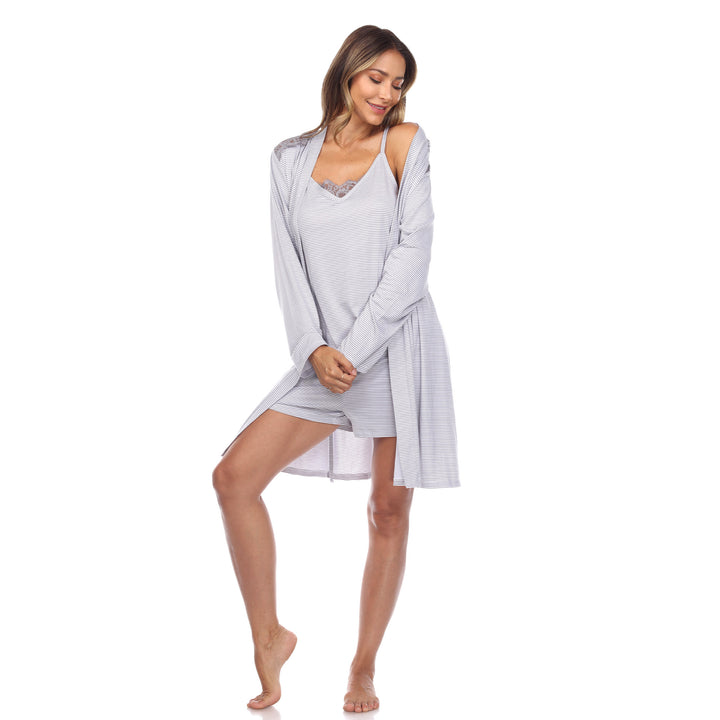 White Mark Womens 3-Piece Striped Camo TopShorts and Robe Matching Pajama Set Image 7
