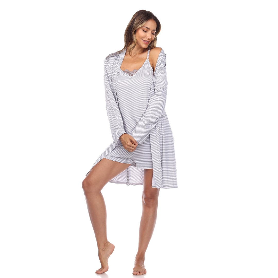 White Mark Womens 3-Piece Striped Camo TopShorts and Robe Matching Pajama Set Image 1