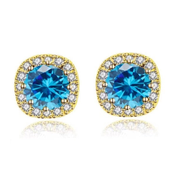 Paris Jewelry 14k Yellow Gold 1/2Ct Blue Topaz CZ Halo Stud Earrings Gift Boxed Image 1