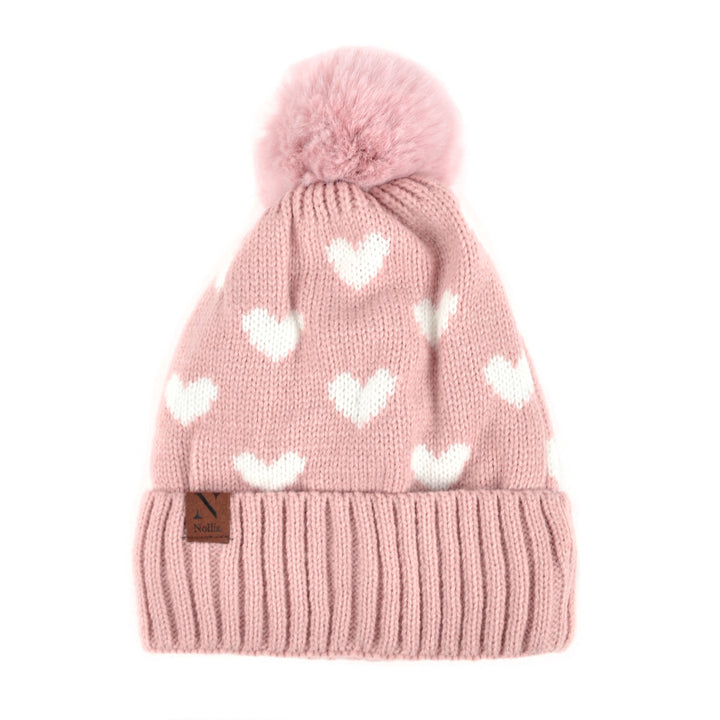 Pink Womens Hearts and Pom Pom Knit Winter Hat Beanie Ski Hat Image 1