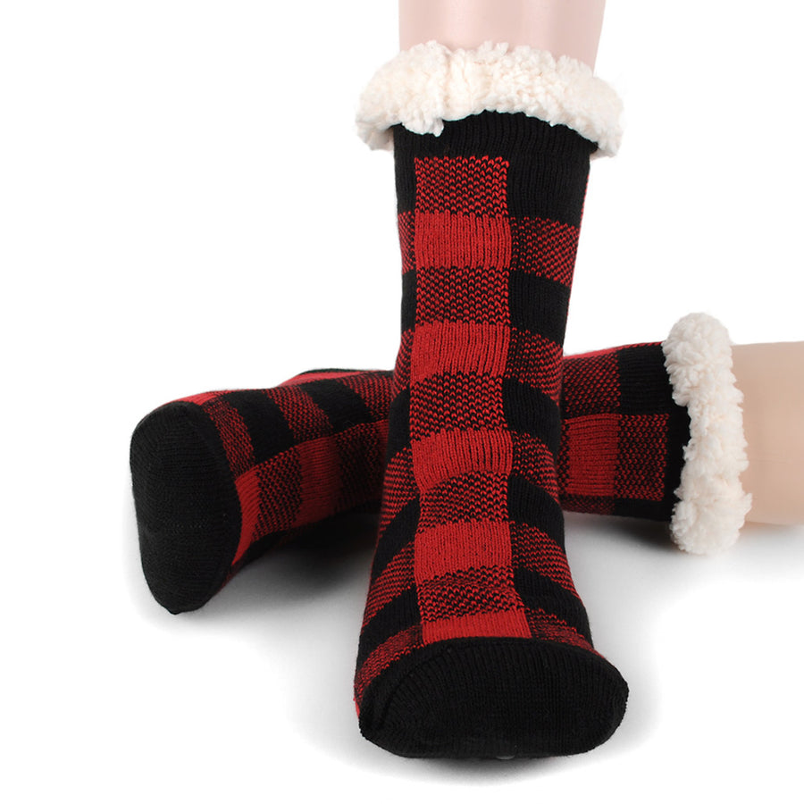 Cozy Socks Womens Plush Fleece Lined Sherpa Slipper Socks Red and Black Design Fluffy Socks Warm Socks Fuzzy socks Image 1