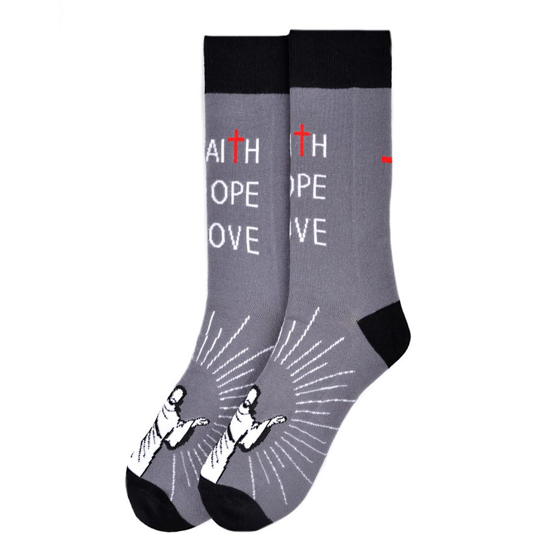 Fun Socks Mens Faith Hope Love Novelty Socks Grey and Black Cross Holy Father Socks Religious Gift Church Going Socks Image 2