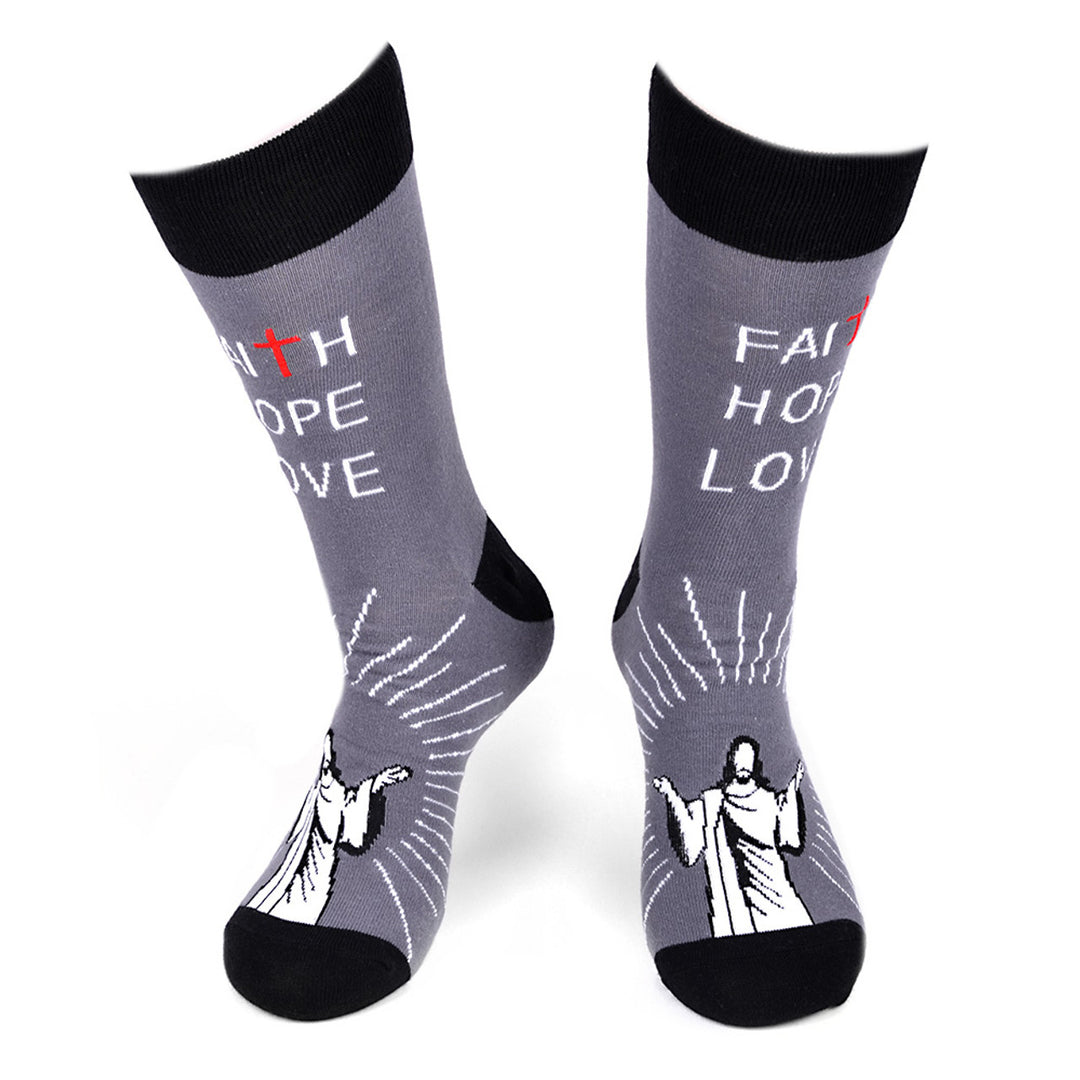 Fun Socks Mens Faith Hope Love Novelty Socks Grey and Black Cross Holy Father Socks Religious Gift Church Going Socks Image 1