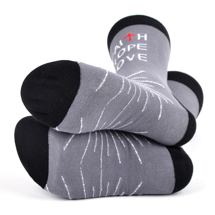 Fun Socks Mens Faith Hope Love Novelty Socks Grey and Black Cross Holy Father Socks Religious Gift Church Going Socks Image 3