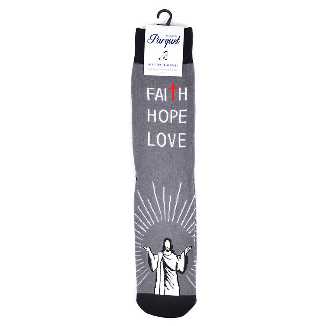 Fun Socks Mens Faith Hope Love Novelty Socks Grey and Black Cross Holy Father Socks Religious Gift Church Going Socks Image 4