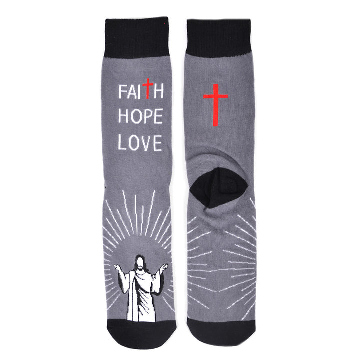 Fun Socks Mens Faith Hope Love Novelty Socks Grey and Black Cross Holy Father Socks Religious Gift Church Going Socks Image 4