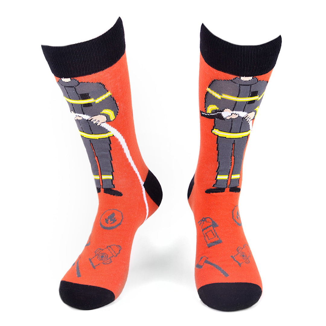 Fun Socks Mens Firefighter Novelty Socks Red and Grey with Yellow Fireman  Firemen Socks Firemen Crew Socks Image 1