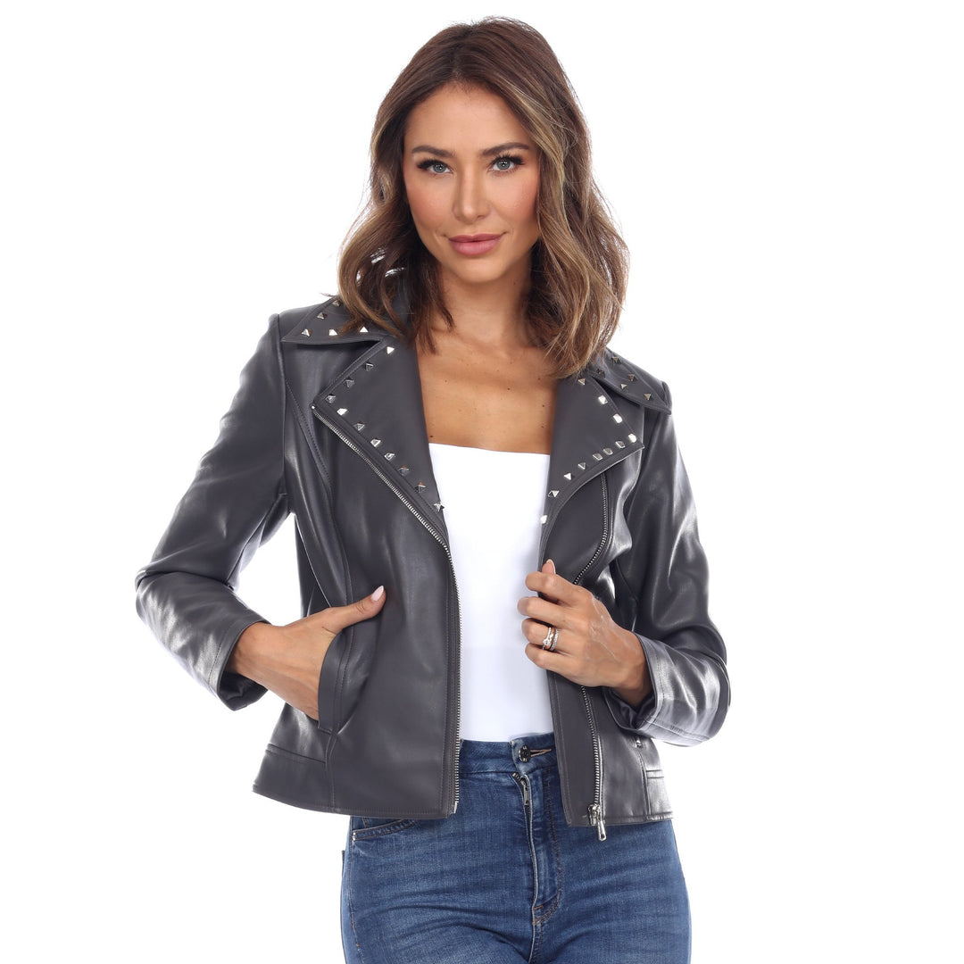 White Mark Womens PU Faux Leather Biker Jacket Asymmetric Silver Hardware Various Sizes Image 1