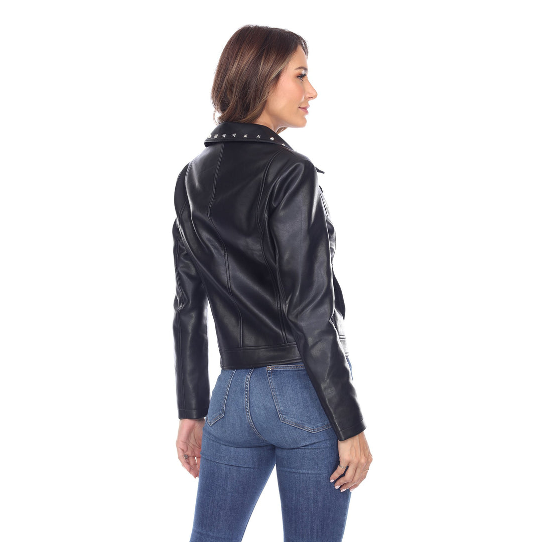 White Mark Womens PU Faux Leather Biker Jacket Asymmetric Silver Hardware Various Sizes Image 2