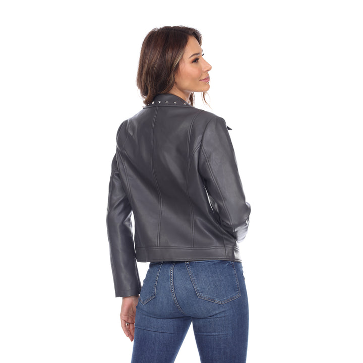 White Mark Womens PU Faux Leather Biker Jacket Asymmetric Silver Hardware Various Sizes Image 4