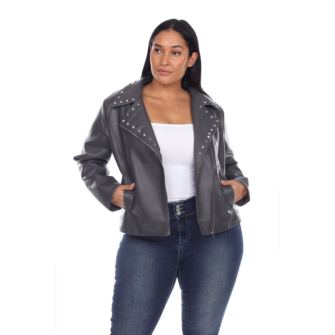 White Mark Womens PU Faux Leather Biker Jacket Asymmetric Silver Hardware Various Sizes Image 6