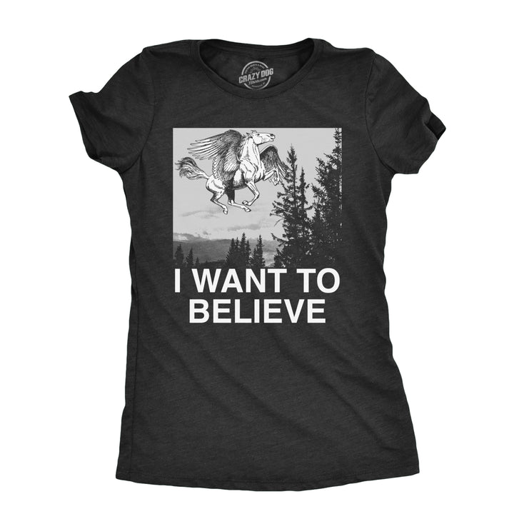 Womens I Want To Believe Pegasus T Shirt Funny Flying Mythical Creature Joke Tee For Ladies Image 1