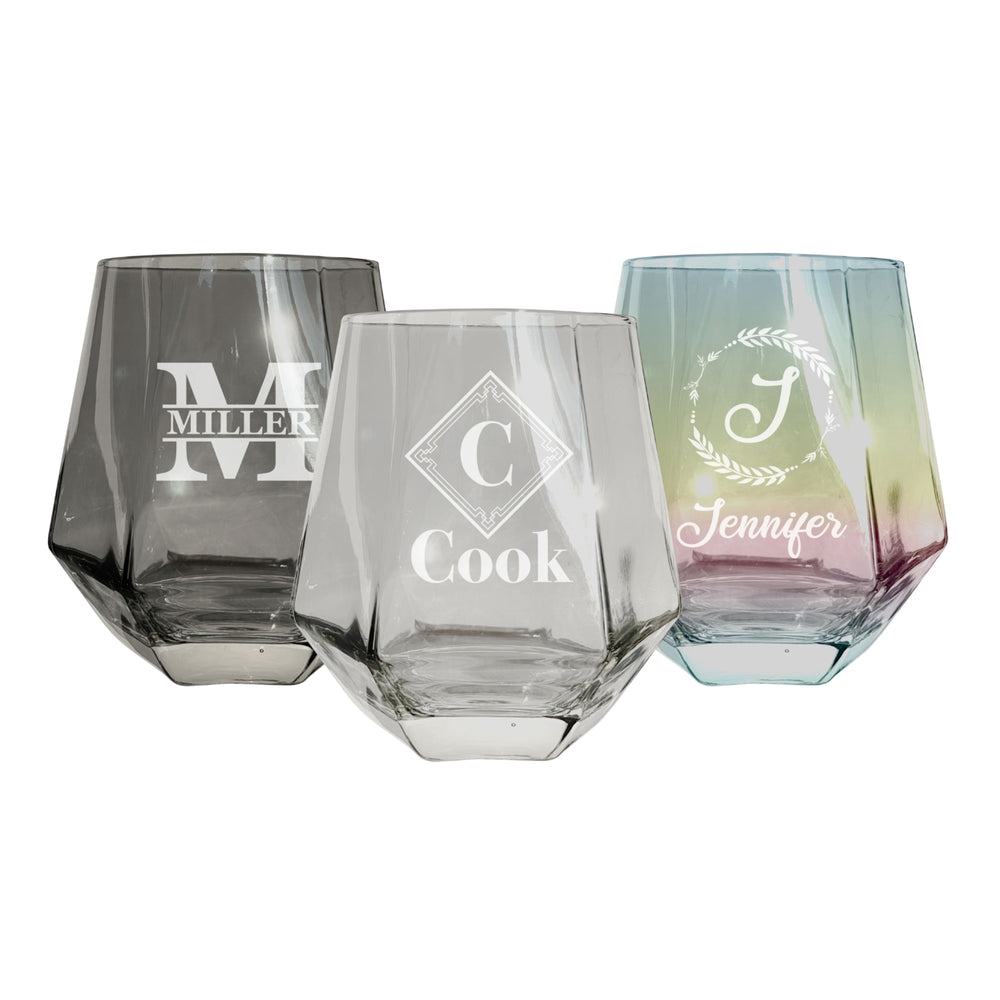 Customizable Monogram 10 oz Etched Stemless Diamond Shaped Stemless Wine Glass Engraved Personalized with Initial and Image 1