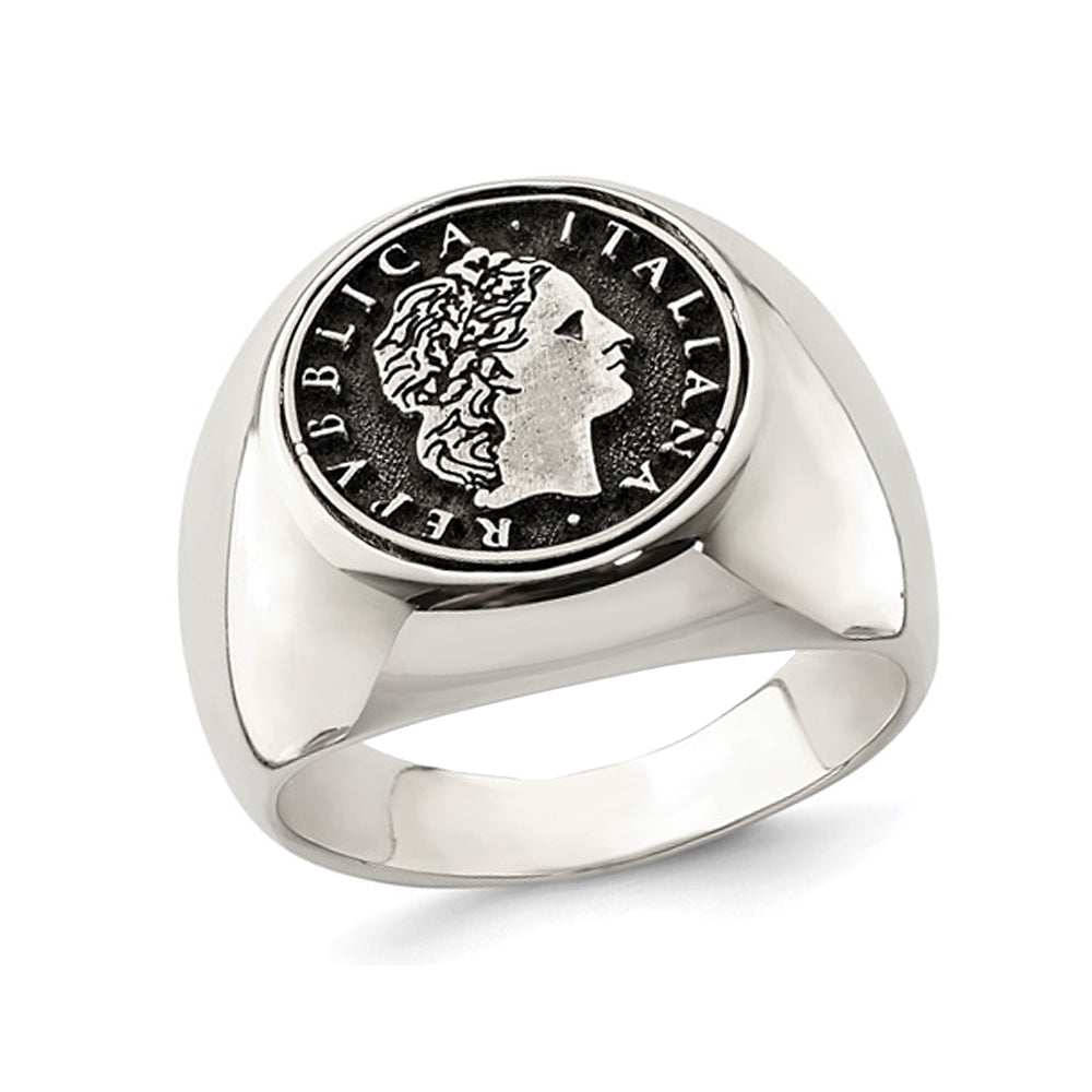 Mens Sterling Silver Antiqued Replica 50 Lire Italian Coin Ring Image 1