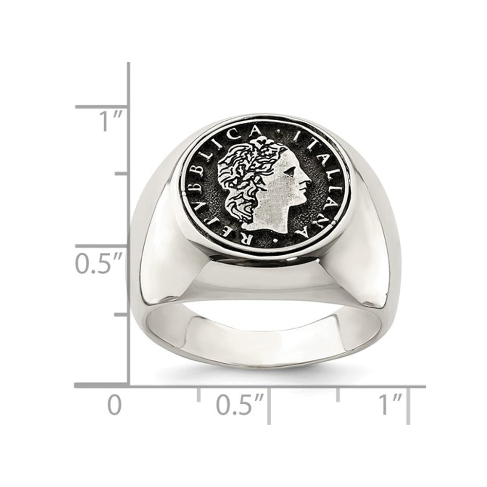 Mens Sterling Silver Antiqued Replica 50 Lire Italian Coin Ring Image 2