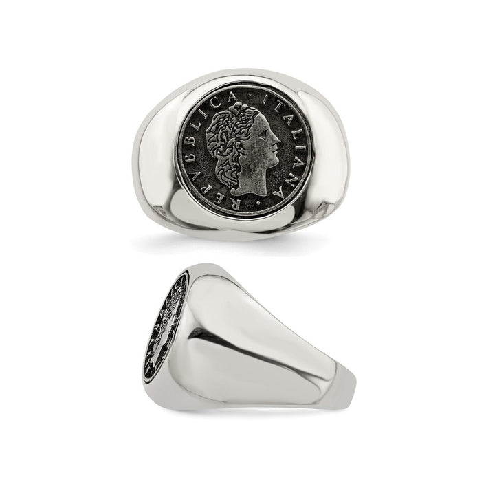 Mens Sterling Silver Antiqued Replica 50 Lire Italian Coin Ring Image 3